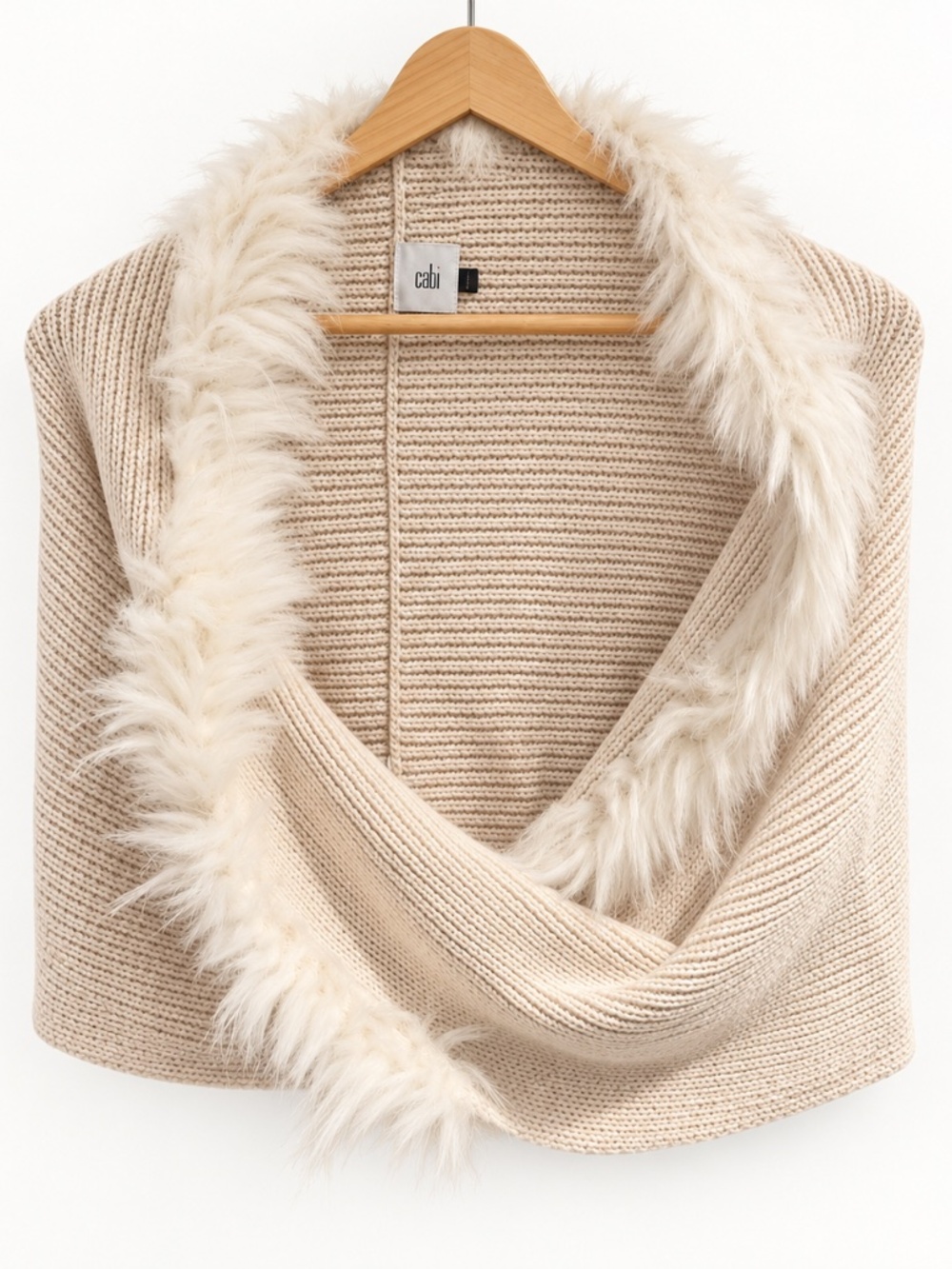 Cabi Ivory Faux Fur Collar Knit Wrap Poncho Cape O/S